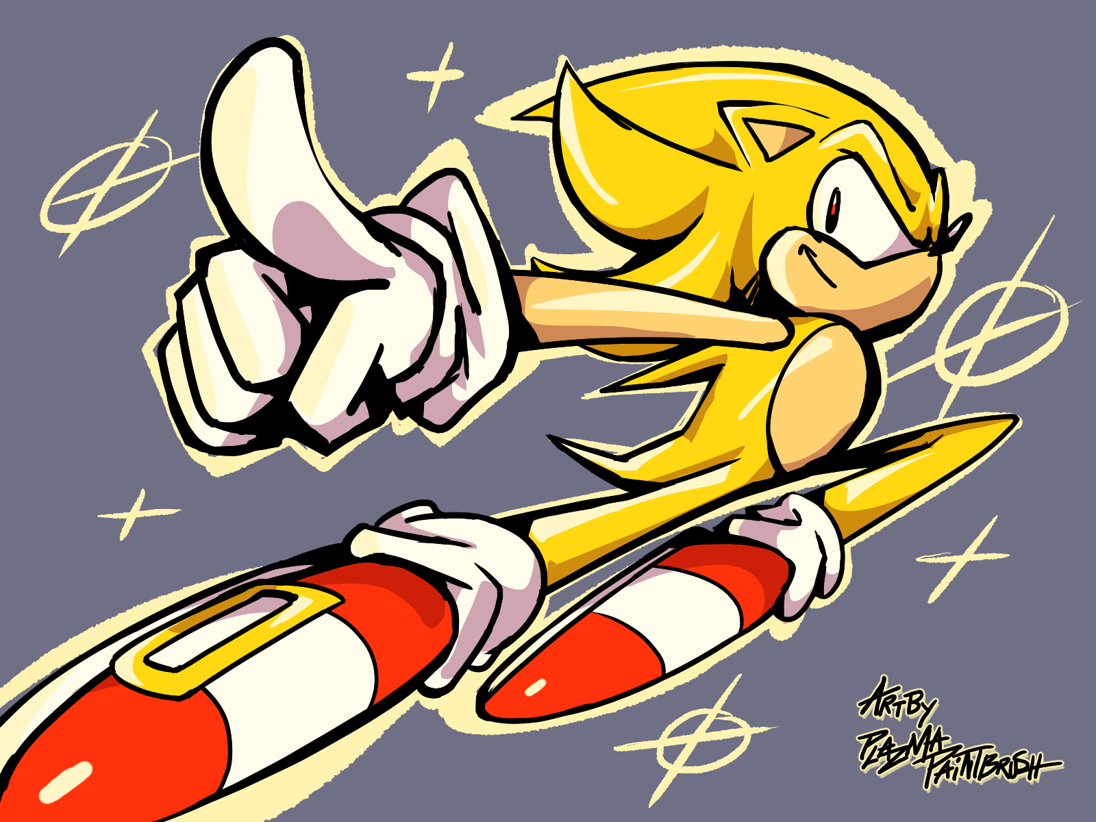 super sonic the hedgehog. he's pointing at something while flying